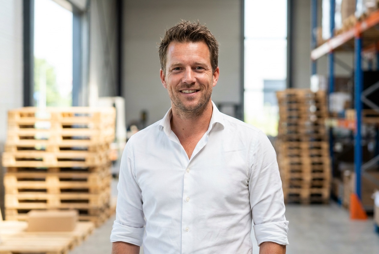 Verkoopadviseur van PalletVoordelig.nl in het magazijn