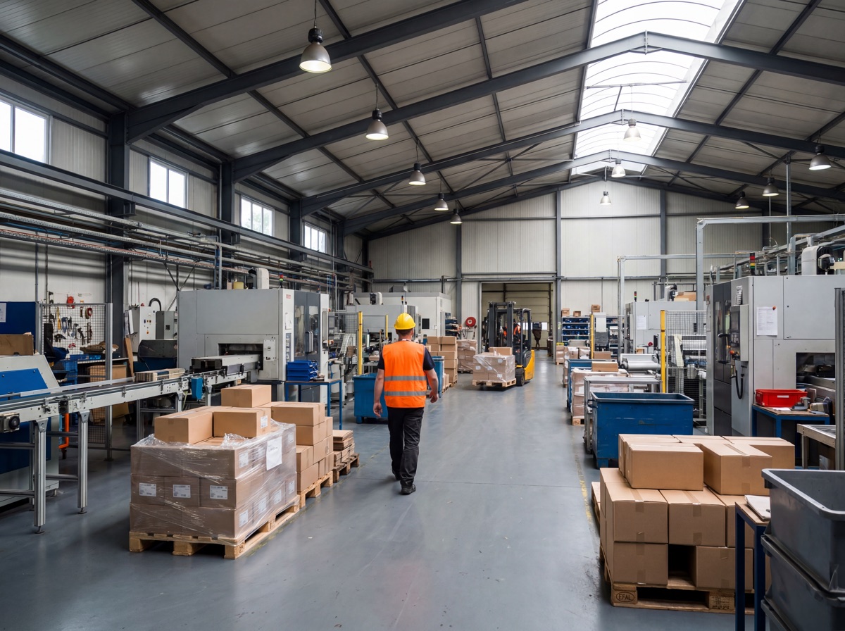 Medewerker loopt door een productiehal met pallets en dozen