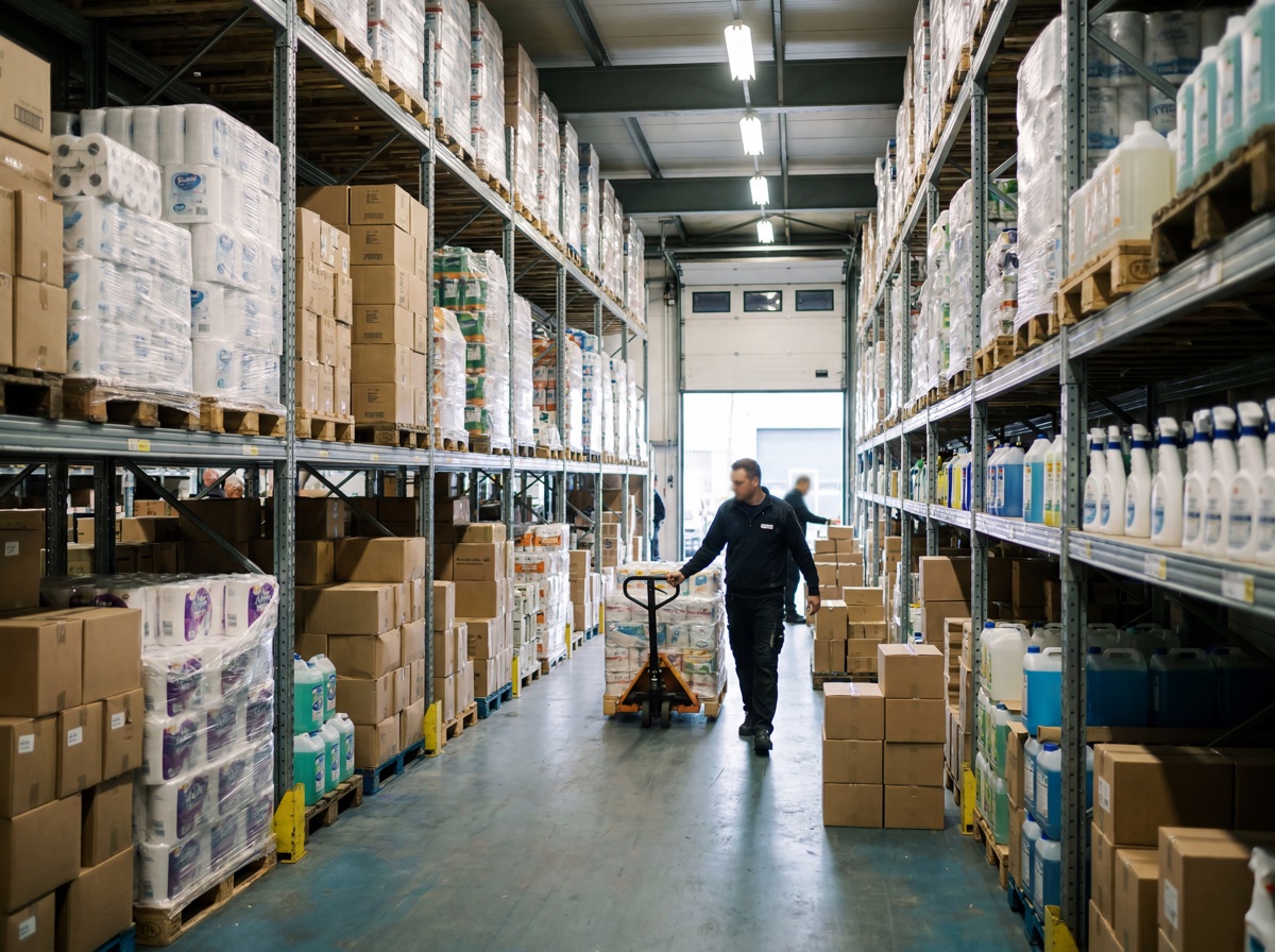 Groothandel met stellingen vol hygiëne- en schoonmaakproducten