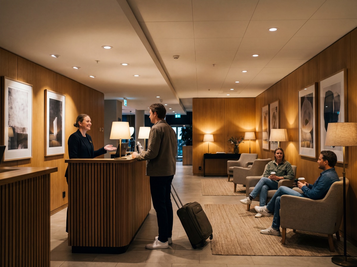 Receptie en lounge van een hotel met een incheckende gast