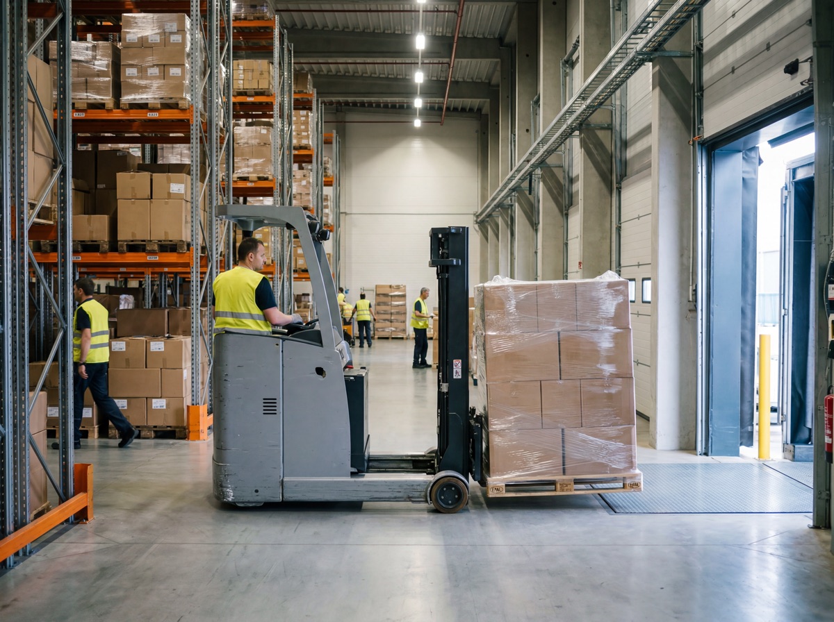 Heftruckchauffeur verplaatst een gewikkelde pallet in een magazijn