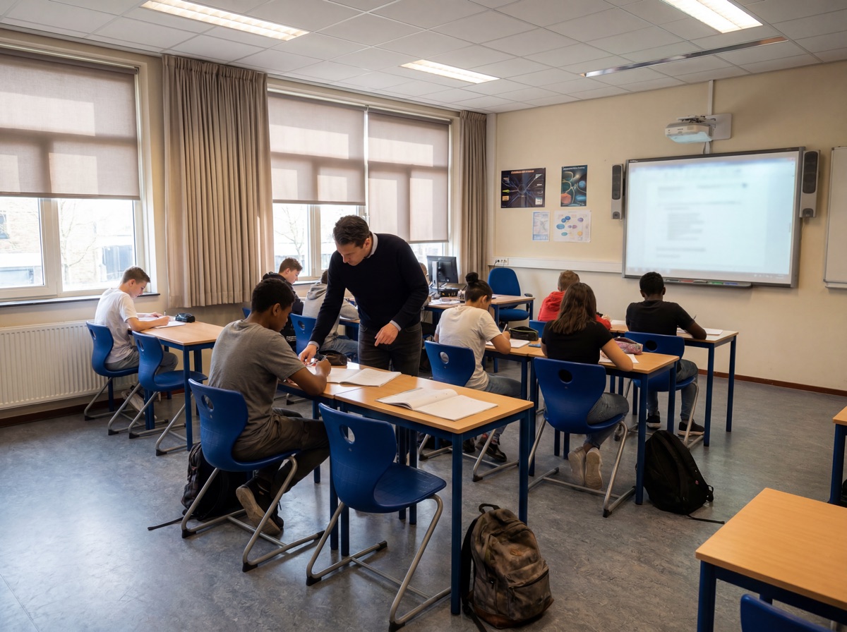Docent helpt leerlingen aan hun tafels in een klaslokaal