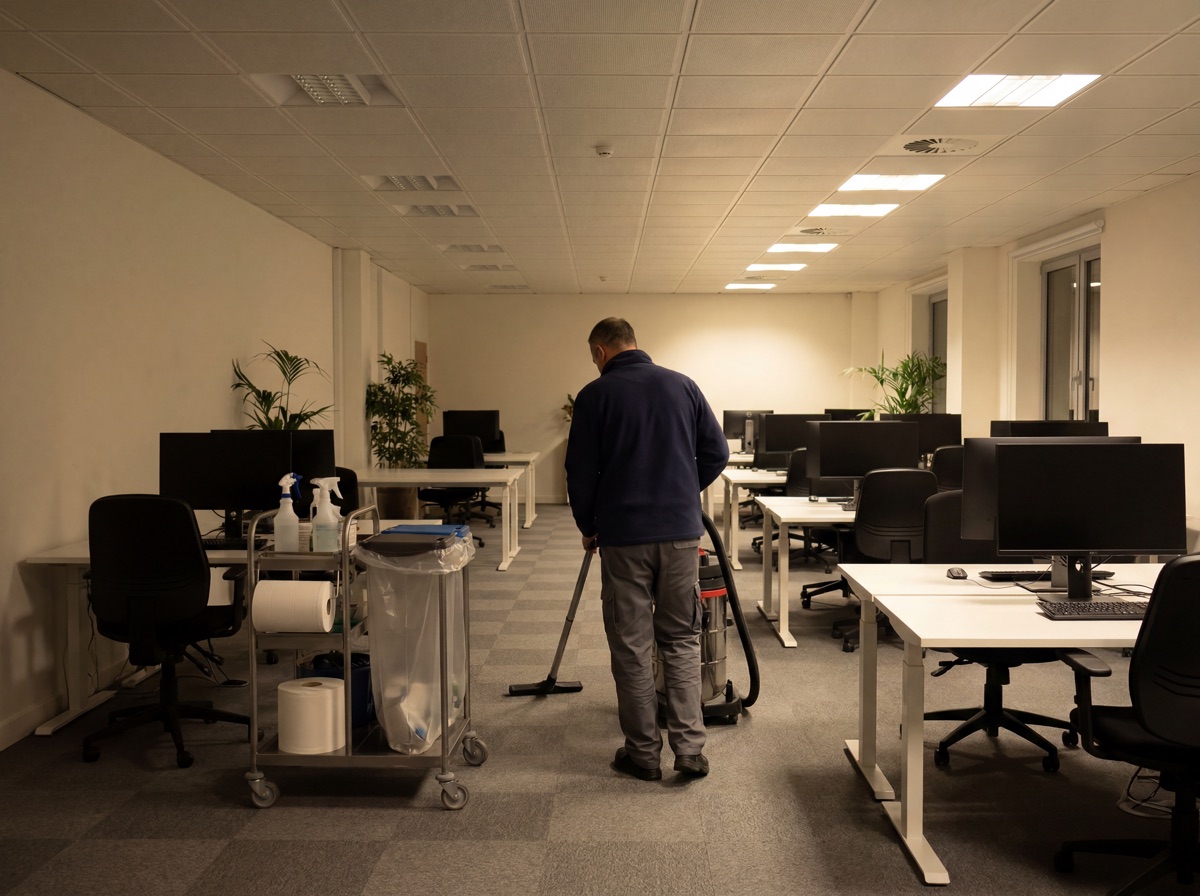 Schoonmaakmedewerker stofzuigt een kantoor met een schoonmaakkar en hygiënepapier
