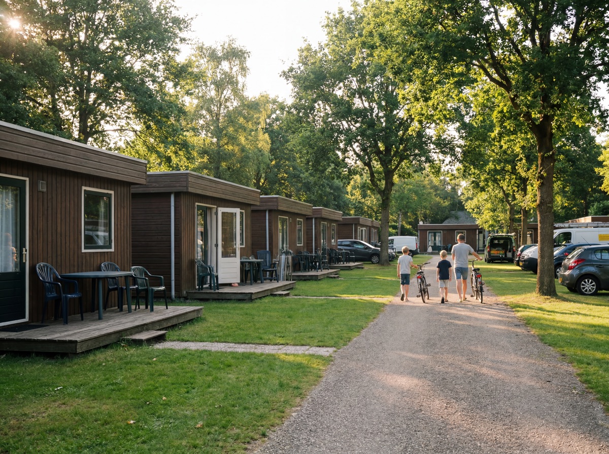 Vakantiepark met houten bungalows en een gezin op de fiets