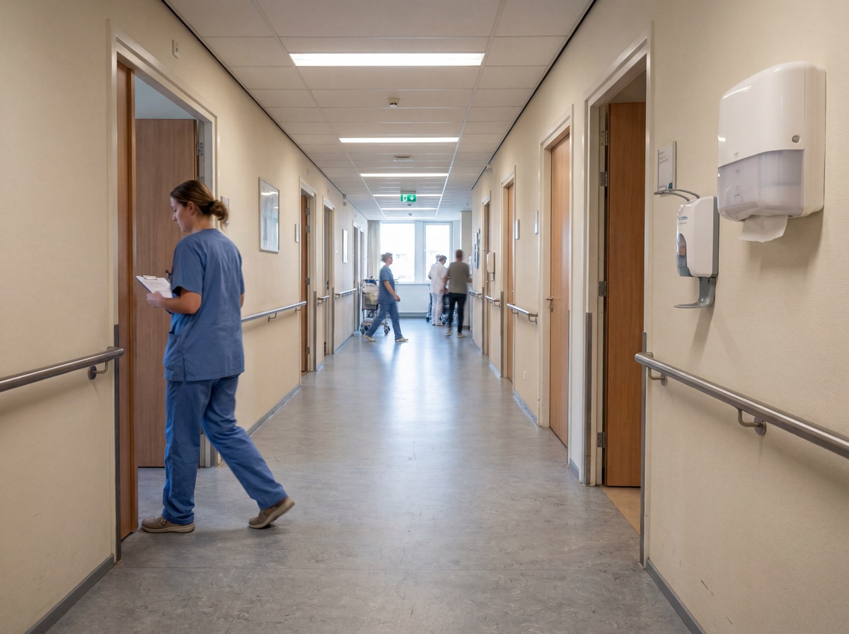 Verpleegkundige in een ziekenhuisgang met papier- en desinfectiedispenser aan de muur
